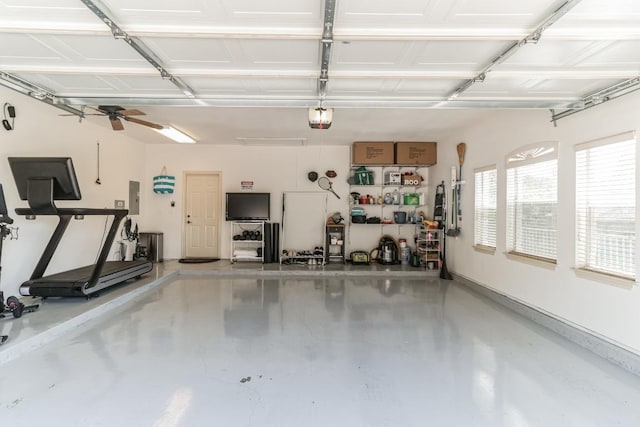 5511 Oakwood Cv Unit B, Austin, TX 78731 - garage with a garage door opener, electric panel, and a ceiling fan