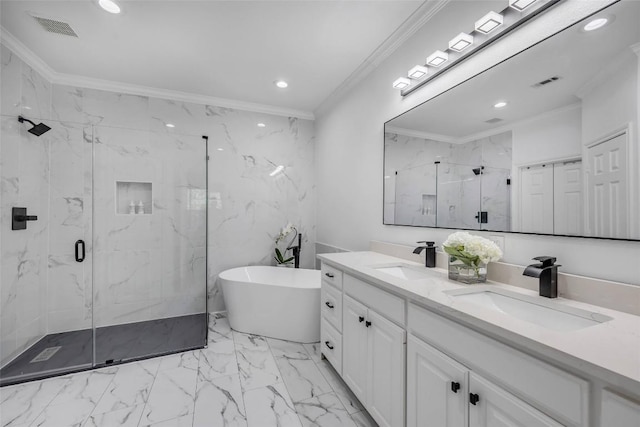 5511 Oakwood Cv Unit B, Austin, TX 78731 - bathroom with marble finish flooring, crown molding, double vanity, a marble finish shower, and recessed lighting