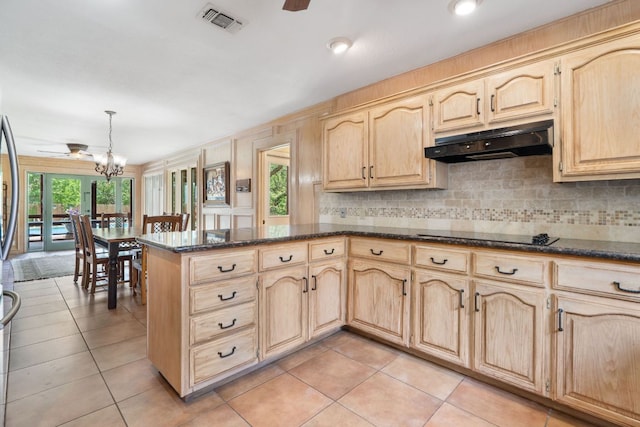 11923 Brookwood Cir, Austin, TX 78750 - kitchen with under cabinet range hood, light brown cabinets, black electric stovetop, dark stone counters, and light tile patterned floors