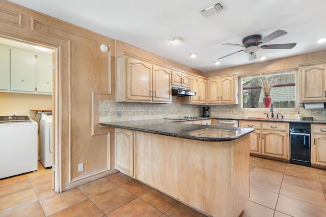 11923 Brookwood Cir, Austin, TX 78750 - kitchen featuring washing machine and clothes dryer, light brown cabinetry, a peninsula, dark stone countertops, and recessed lighting
