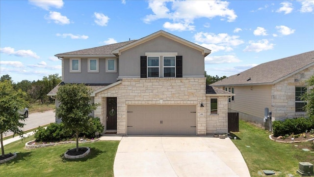 496 Sawtooth Mountain Way, Dripping Springs, TX 78620 - view of front of home featuring a garage, stucco siding, stone siding, and concrete driveway