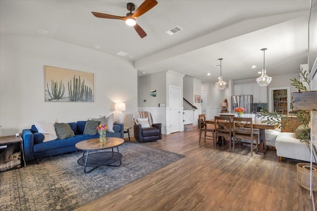 496 Sawtooth Mountain Way, Dripping Springs, TX 78620 - living area featuring lofted ceiling, wood finished floors, stairs, ceiling fan, and recessed lighting