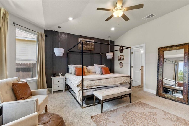 496 Sawtooth Mountain Way, Dripping Springs, TX 78620 - bedroom with carpet flooring, lofted ceiling, ceiling fan, and recessed lighting