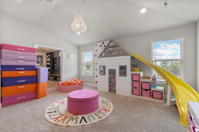 496 Sawtooth Mountain Way, Dripping Springs, TX 78620 - rec room featuring carpet flooring, a chandelier, lofted ceiling, and recessed lighting