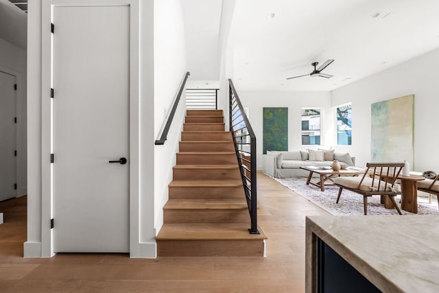 1703 Miami Dr, Austin, TX 78733 - stairway featuring wood finished floors and a ceiling fan