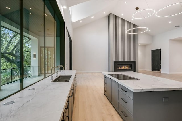5217 S Scout Island Cir, Austin, TX 78731 - kitchen featuring high vaulted ceiling, gray cabinets, light wood finished floors, open floor plan, and light stone countertops