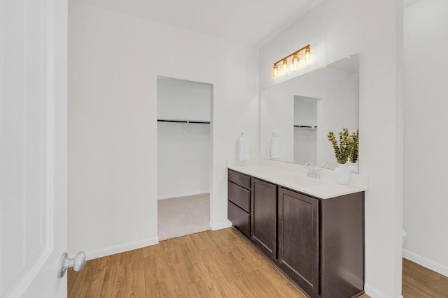608 Silver Wing Dr, Austin, TX 78725 - bathroom with vanity, a walk in closet, and wood finished floors