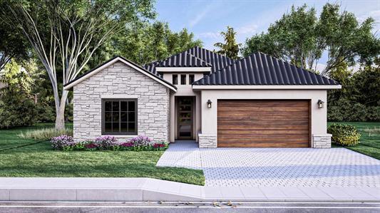 1836 Art Adams Way, Spicewood, TX 78669 - view of front of house featuring stone siding, an attached garage, driveway, and a front lawn