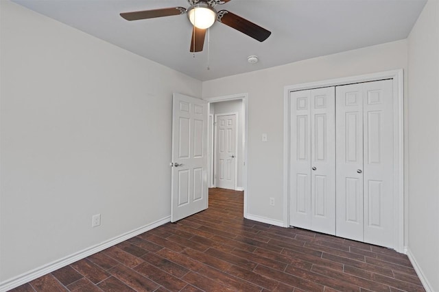 3011 Wadsworth Way, Austin, TX 78748 - unfurnished bedroom with dark wood-type flooring, a closet, and a ceiling fan