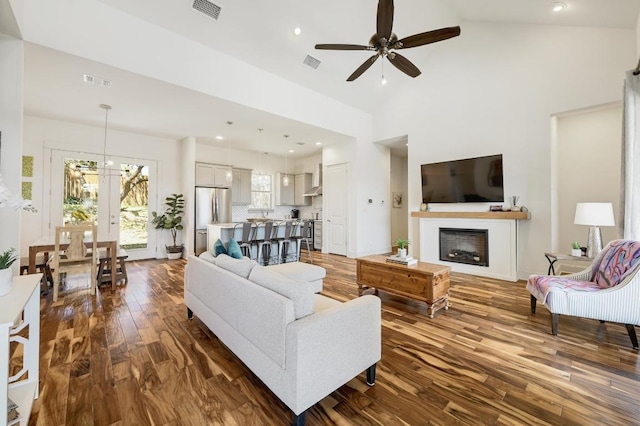10129 Longhorn Skwy, Dripping Springs, TX 78620 - living area featuring ceiling fan, dark wood finished floors, a fireplace, and high vaulted ceiling