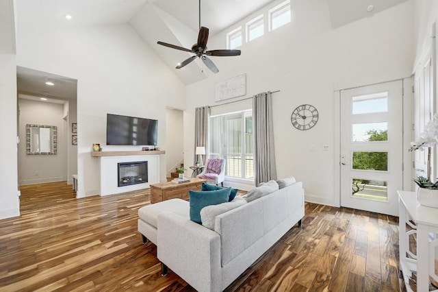 10129 Longhorn Skwy, Dripping Springs, TX 78620 - living room with high vaulted ceiling, healthy amount of natural light, a glass covered fireplace, wood finished floors, and ceiling fan