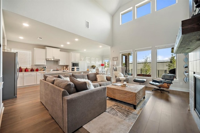 1113 Spring Gulch Ln, Georgetown, TX 78628 - living area featuring light wood-style floors, a high ceiling, and recessed lighting