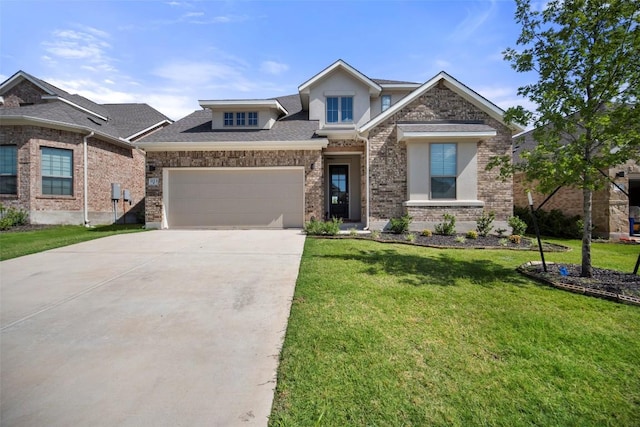 1113 Spring Gulch Ln, Georgetown, TX 78628 - view of front of property with concrete driveway, a front yard, roof with shingles, an attached garage, and brick siding