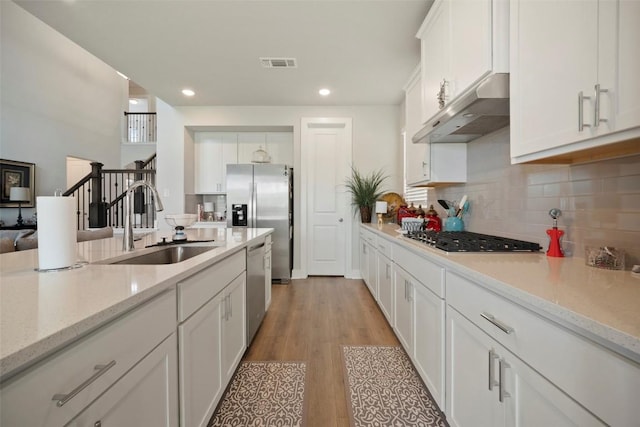 1113 Spring Gulch Ln, Georgetown, TX 78628 - kitchen with under cabinet range hood, appliances with stainless steel finishes, white cabinetry, decorative backsplash, and light wood-style flooring