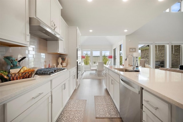 1113 Spring Gulch Ln, Georgetown, TX 78628 - kitchen with stainless steel appliances, under cabinet range hood, recessed lighting, white cabinets, and light wood-style flooring