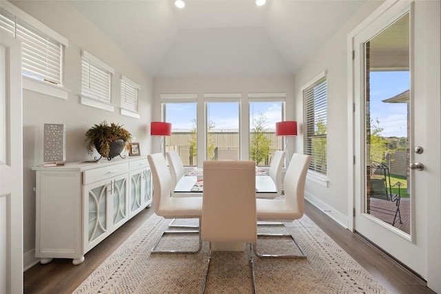 1113 Spring Gulch Ln, Georgetown, TX 78628 - dining room with vaulted ceiling and dark wood-style flooring