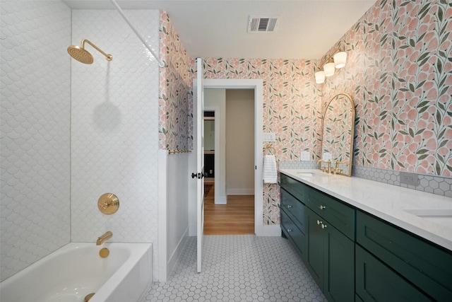 7308 Black Mountain Dr, Austin, TX 78736 - full bath featuring double vanity, shower / bathtub combination, and wallpapered walls