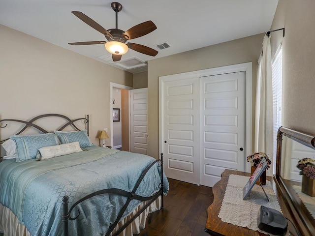 217 Skipping Cedar St, San Marcos, TX 78666 - bedroom with dark wood-type flooring, a closet, and ceiling fan