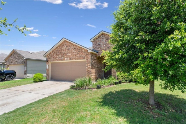 2025 Cliffbrake Way, Georgetown, TX 78626 - view of front of house featuring brick siding, an attached garage, a front yard, and concrete driveway