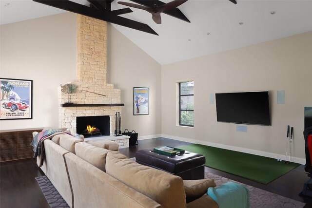 5301 Maryanna Dr, Austin, TX 78746 - living room with high vaulted ceiling, ceiling fan, dark wood-style flooring, and a fireplace