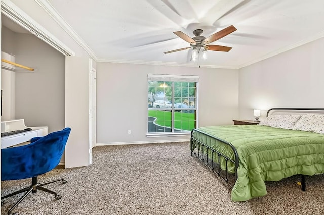 2802 Brandy Ln, Georgetown, TX 78628 - carpeted bedroom with crown molding, a ceiling fan, and a desk