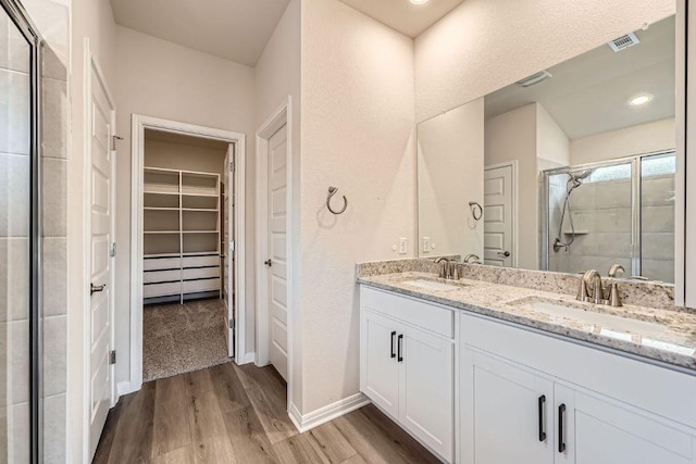 2871 Mill Run Bnd, Round Rock, TX 78665 - bathroom with a walk in closet, wood finished floors, a stall shower, and double vanity