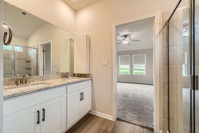 2871 Mill Run Bnd, Round Rock, TX 78665 - bathroom with ceiling fan, double vanity, a shower stall, healthy amount of natural light, and vaulted ceiling