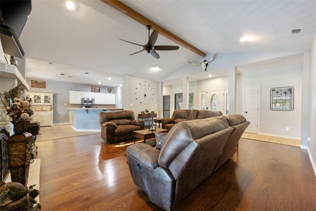 401 N Fox Xing, Burnet, TX 78611 - living area with ceiling fan, wood finished floors, a fireplace, and recessed lighting