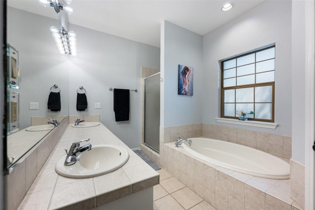 401 N Fox Xing, Burnet, TX 78611 - full bathroom with a shower stall, a bath, double vanity, and tile patterned flooring