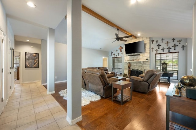 401 N Fox Xing, Burnet, TX 78611 - living room featuring a ceiling fan, light wood-style floors, and a fireplace