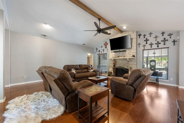 401 N Fox Xing, Burnet, TX 78611 - living room featuring ceiling fan, wood finished floors, and a fireplace