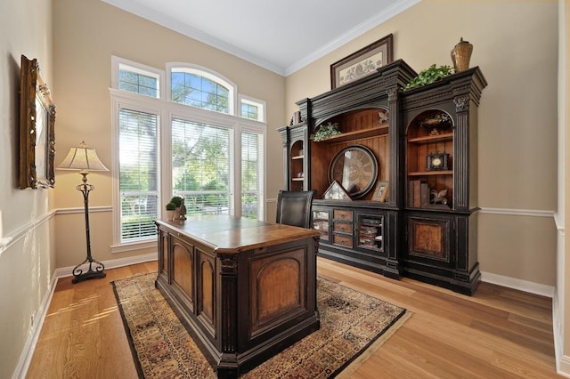 10008 Inshore Dr, Austin, TX 78730 - office area featuring light wood-style flooring and ornamental molding