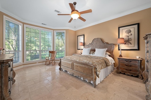 10008 Inshore Dr, Austin, TX 78730 - bedroom featuring stone tile flooring, ornamental molding, and ceiling fan