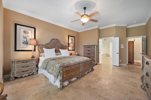 10008 Inshore Dr, Austin, TX 78730 - bedroom with stone tile floors, ornamental molding, a ceiling fan, and ensuite bath