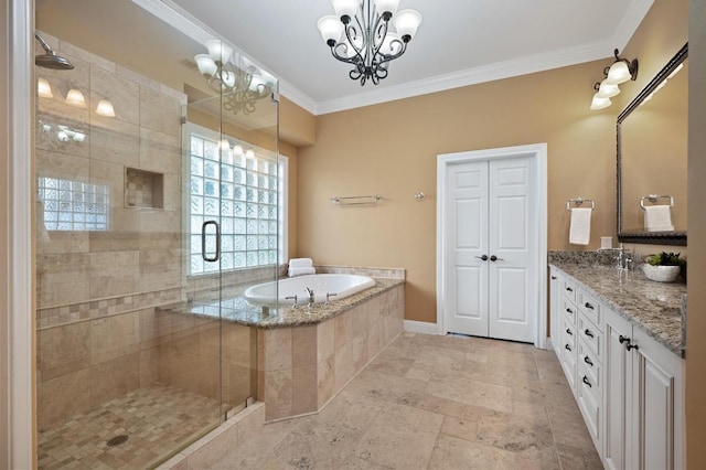 10008 Inshore Dr, Austin, TX 78730 - full bathroom featuring a garden tub, vanity, a shower stall, a chandelier, and ornamental molding