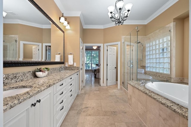 10008 Inshore Dr, Austin, TX 78730 - bathroom with a garden tub, double vanity, a shower stall, crown molding, and stone tile floors