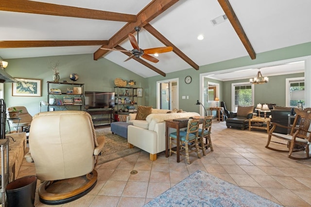 116 Ridgecrest Rd, Georgetown, TX 78628 - living room featuring a chandelier, a ceiling fan, light tile patterned floors, and recessed lighting