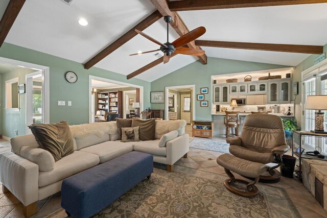 116 Ridgecrest Rd, Georgetown, TX 78628 - living room with a ceiling fan, tile patterned floors, and recessed lighting