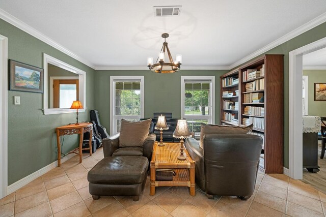 116 Ridgecrest Rd, Georgetown, TX 78628 - living area featuring crown molding, a chandelier, and light tile patterned floors