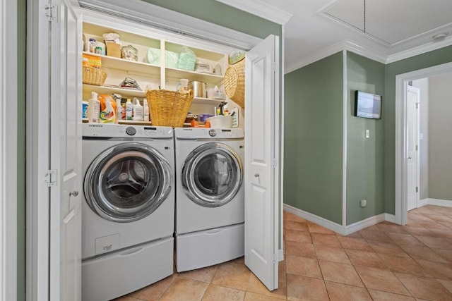 116 Ridgecrest Rd, Georgetown, TX 78628 - laundry room featuring attic access, washing machine and dryer, crown molding, and light tile patterned floors
