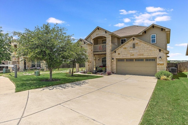 11600 Santa Elena Ln, Austin, TX 78717 - view of front of house with stone siding, concrete driveway, a balcony, and a garage