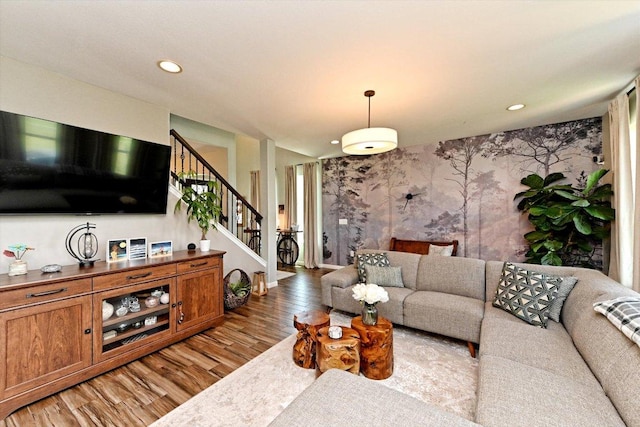 11600 Santa Elena Ln, Austin, TX 78717 - living area with light wood-style floors, stairway, and recessed lighting