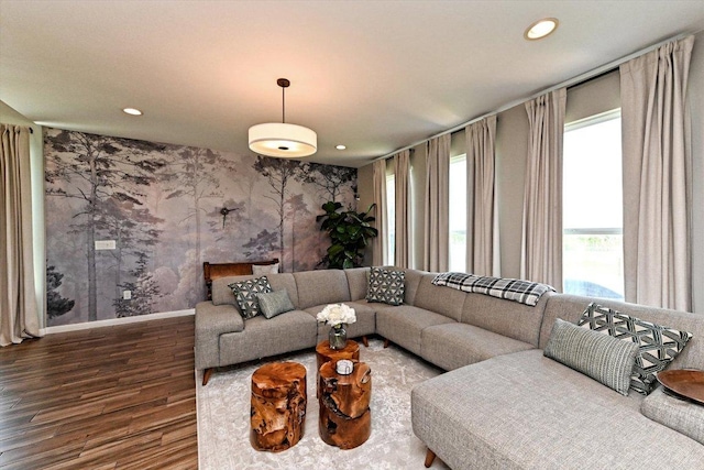 11600 Santa Elena Ln, Austin, TX 78717 - living room featuring wood finished floors, plenty of natural light, wallpapered walls, and recessed lighting