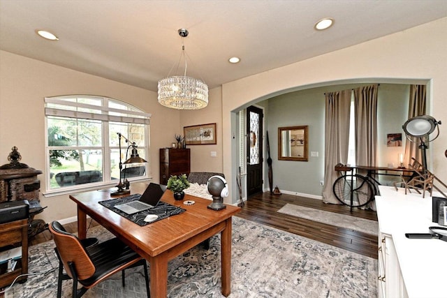 11600 Santa Elena Ln, Austin, TX 78717 - office featuring arched walkways, hardwood / wood-style flooring, recessed lighting, and a chandelier