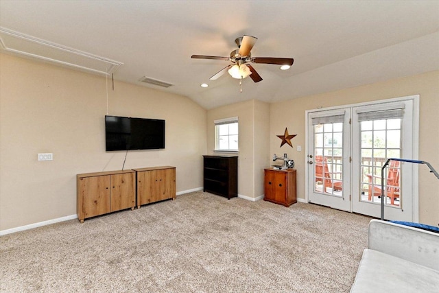 11600 Santa Elena Ln, Austin, TX 78717 - unfurnished living room with attic access, vaulted ceiling, ceiling fan, and light carpet