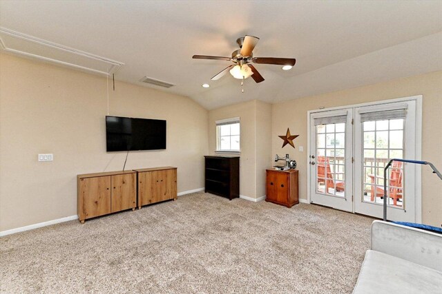 11600 Santa Elena Ln, Austin, TX 78717 - unfurnished living room with attic access, vaulted ceiling, ceiling fan, and light carpet