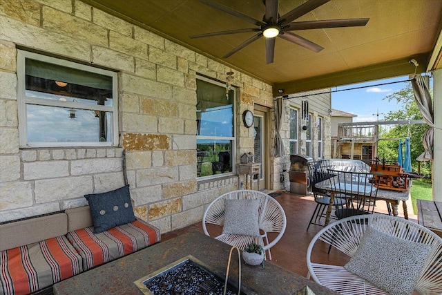 11600 Santa Elena Ln, Austin, TX 78717 - view of patio featuring a fire pit, ceiling fan, and outdoor dining area