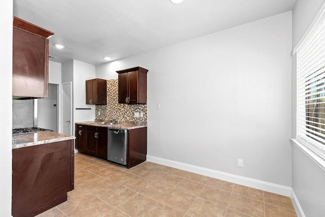 1207 York Castle Dr, Pflugerville, TX 78660 - kitchen featuring dishwasher, backsplash, dark brown cabinets, light stone countertops, and recessed lighting