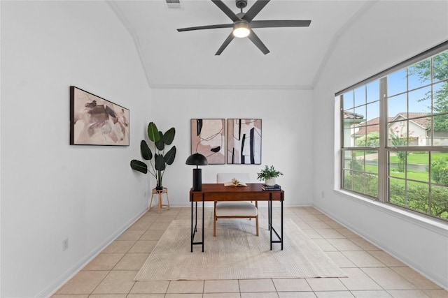 12221 Fairway Cv, Austin, TX 78732 - office space with vaulted ceiling, light tile patterned floors, and a ceiling fan