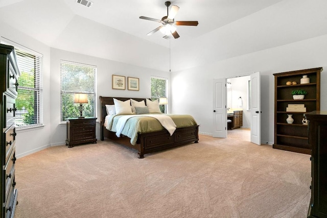 139 Merion Dr, Austin, TX 78737 - bedroom featuring light colored carpet, ensuite bathroom, a ceiling fan, and lofted ceiling